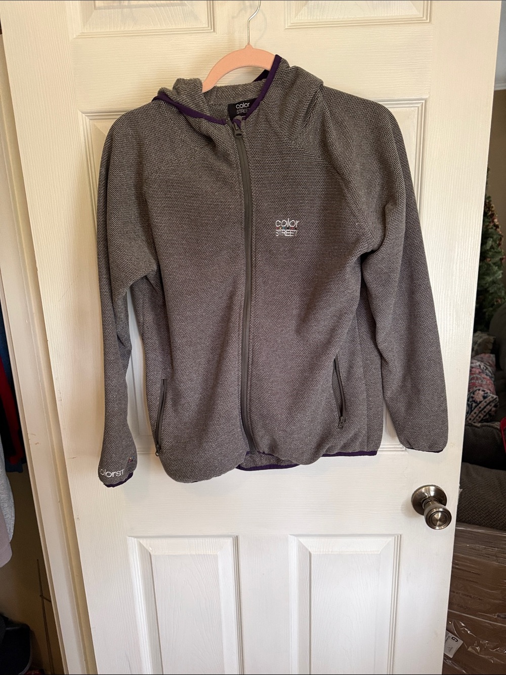 Color Street Gray Hoodie with Purple Trim